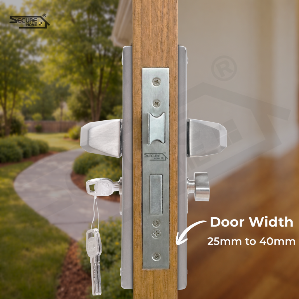 Secure Home mortise door lock installed on a wooden door, showing latch and bolt mechanism with keys inserted; suitable for door thickness 25mm to 40mm.