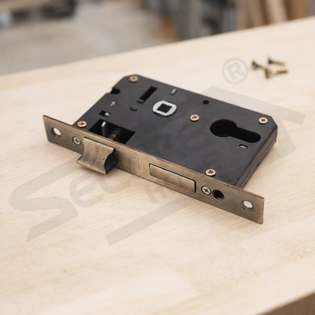 Antique finish mortise door lock body