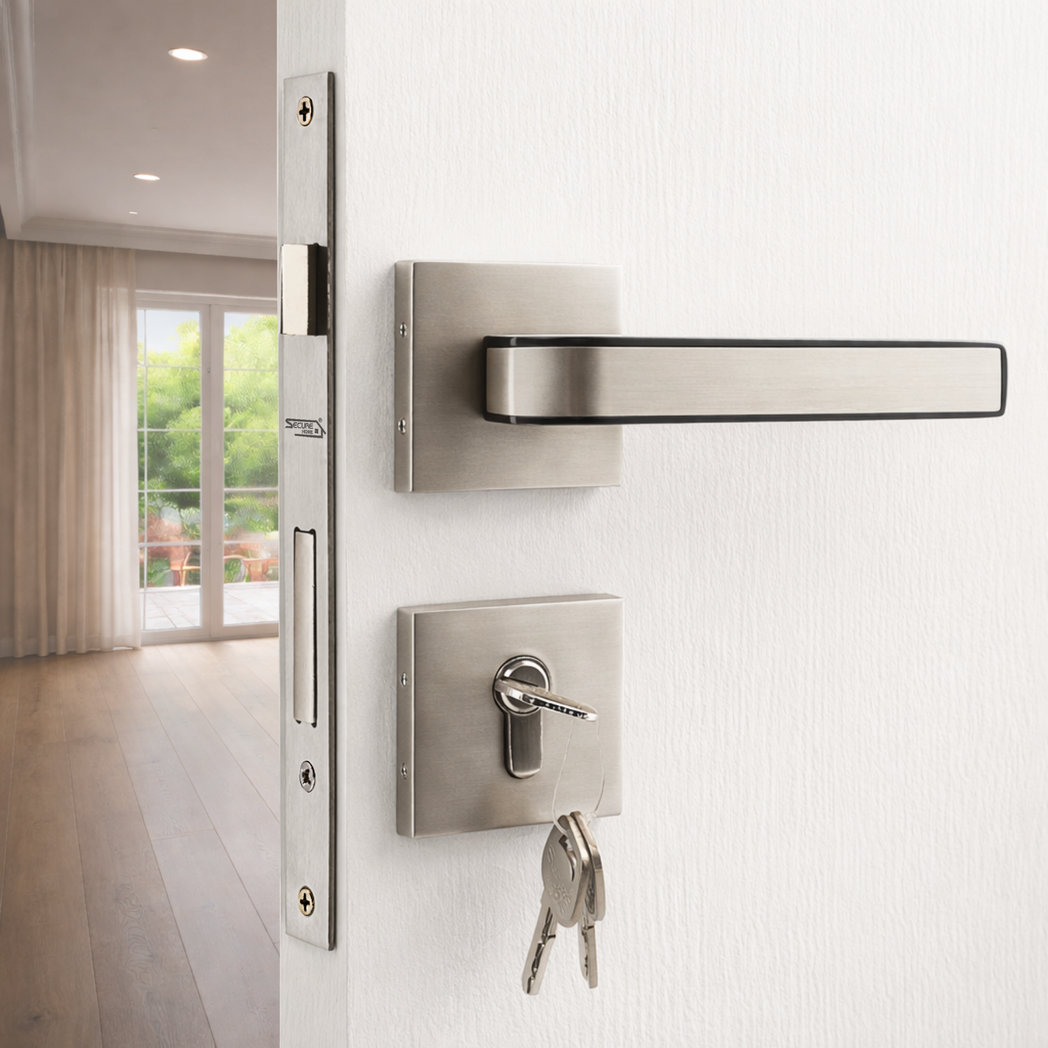 Satin Black finish on rose mortise handle lock set